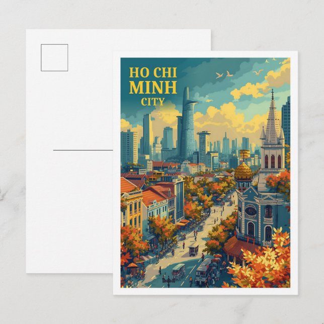 Ho Chi Minh City Vietnam Vintage Art Illustration Postcard (Front/Back)