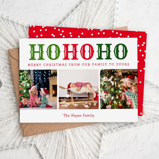 Ho Ho Ho | 3 Photo Collage Editable Colours Flat Holiday Card (Creator Uploaded)