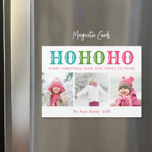 Ho Ho Ho   3 Photo Collage Magnetic Holiday Card