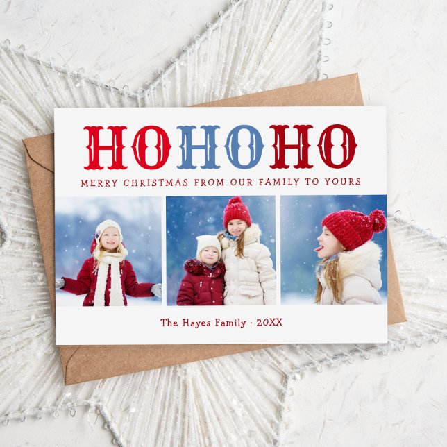 Ho Ho Ho | 3 Photo Collage Magnetic Holiday Card (Creator Uploaded)