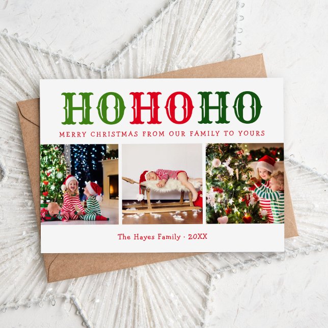 Ho Ho Ho | 3 Photo Collage Magnetic Holiday Card (Creator Uploaded)