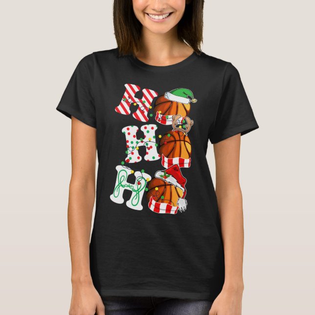 Ho Ho Ho Basketball Lights Santa Hat reindeer ELF  T-Shirt (Front)