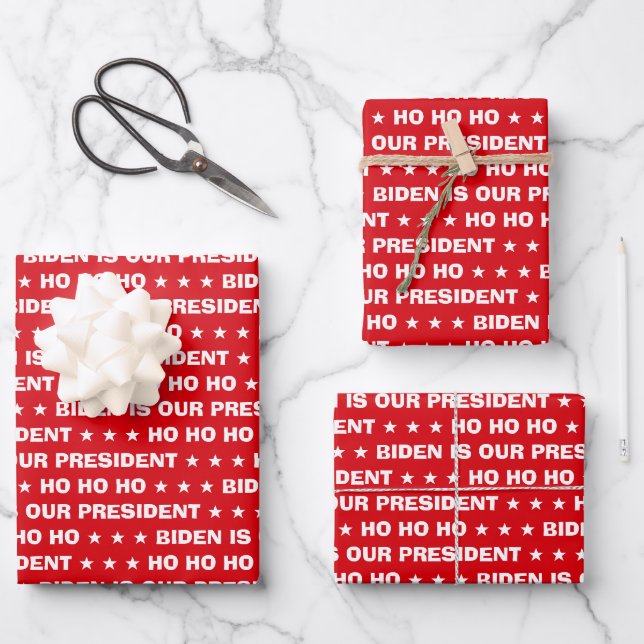 HO HO HO ★ ★ ★ BIDEN IS OUR PRESIDENT Custom Red Wrapping Paper Sheet (Front)