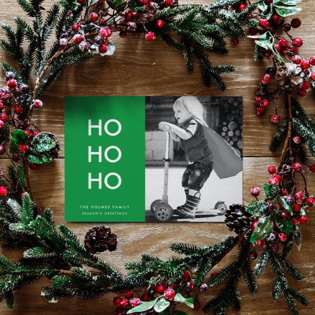 Ho Ho Ho | Bright Green Christmas Cheer Photo Holiday Card (Creator Uploaded)