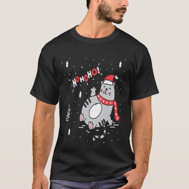 Ho Ho Ho Cat Santa Cat with Santa Hat Xmas T-Shirt (Front)