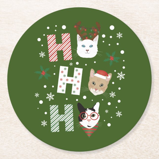 Ho Ho Ho Cats Merry Christmas Round Paper Coaster (Front)