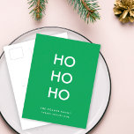 Ho Ho Ho | Christmas Cheer Bright Green Simple Holiday Postcard<br><div class="desc">Simple,  stylish "Ho Ho Ho" holiday postcard in green with a modern minimalist typography in white which can be easily personalized with your own greeting,  family name & year for a trendy festive season!</div>