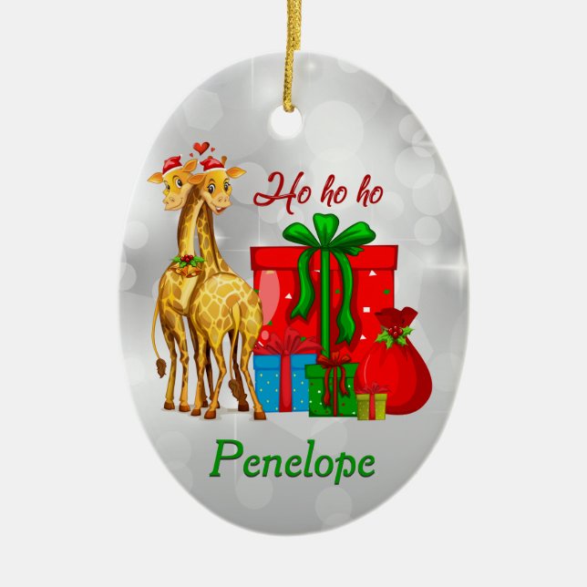 Ho Ho Ho Christmas Giraffes Ceramic Ornament (Front)