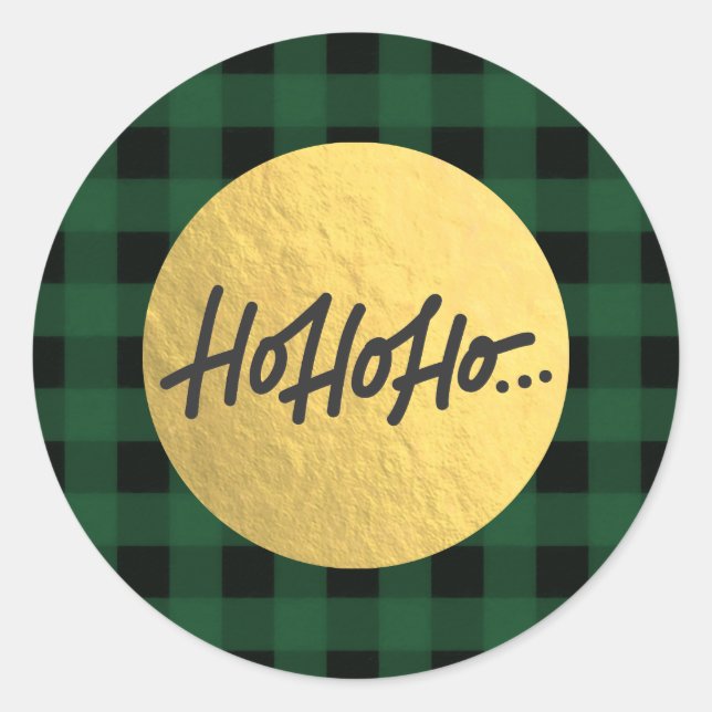 HO HO HO Christmas Holiday Buffalo Plaid Gold Foil Classic Round Sticker (Front)