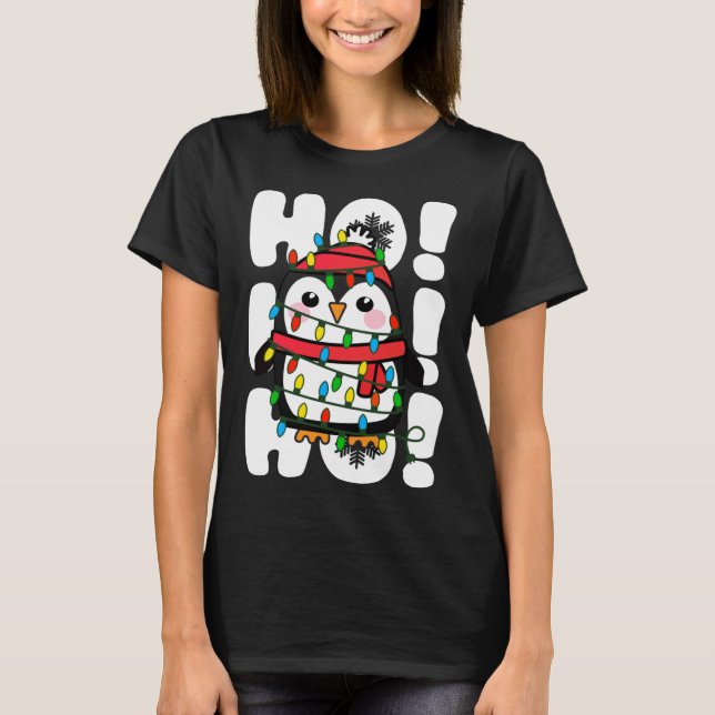 Ho Ho Ho Christmas Lights Cute Penguin T-Shirt (Front)