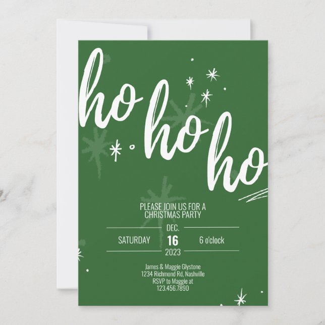 Ho Ho Ho Christmas Party Invitation Modern Green (Front)