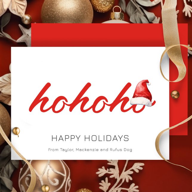 Ho Ho Ho Christmas Personalised Holiday Card (Ho Ho Ho Christmas Personalized Holiday Cards by Ricaso. Santa hat red & white simple cards)