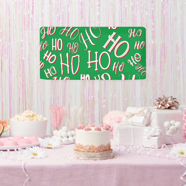 HO HO HO Christmas text pattern white green red Banner (Party)