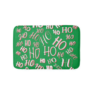 HO HO HO Christmas text pattern white green red Bath Mat