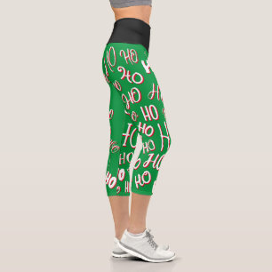 HO HO HO Christmas text pattern white green red Capri Leggings