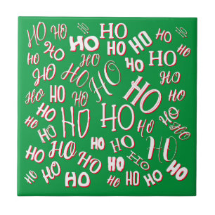 HO HO HO Christmas text pattern white green red Ceramic Tile