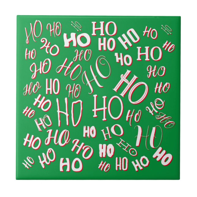 HO HO HO Christmas text pattern white green red Ceramic Tile (Front)