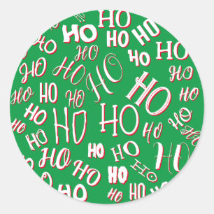 HO HO HO Christmas text pattern white green red Classic Round Sticker