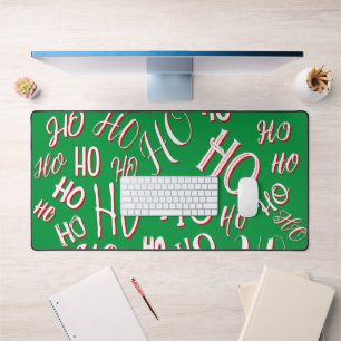 HO HO HO Christmas text pattern white green red Desk Mat