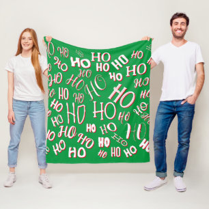 HO HO HO Christmas text pattern white green red Fleece Blanket