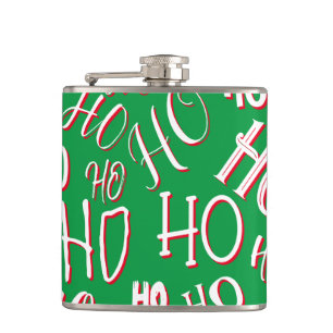 HO HO HO Christmas text pattern white green red Hip Flask