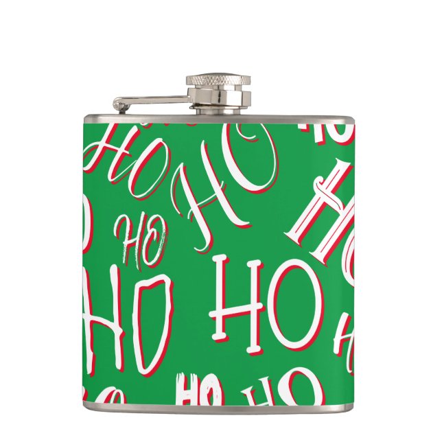 HO HO HO Christmas text pattern white green red Hip Flask (Front)