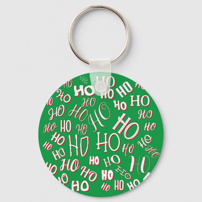 HO HO HO Christmas text pattern white green red Key Ring (Front)