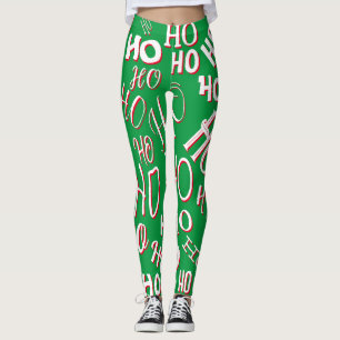 HO HO HO Christmas text pattern white green red Leggings