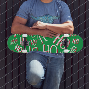 HO HO HO Christmas text pattern white green red Skateboard