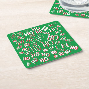 HO HO HO Christmas text pattern white green red Square Paper Coaster