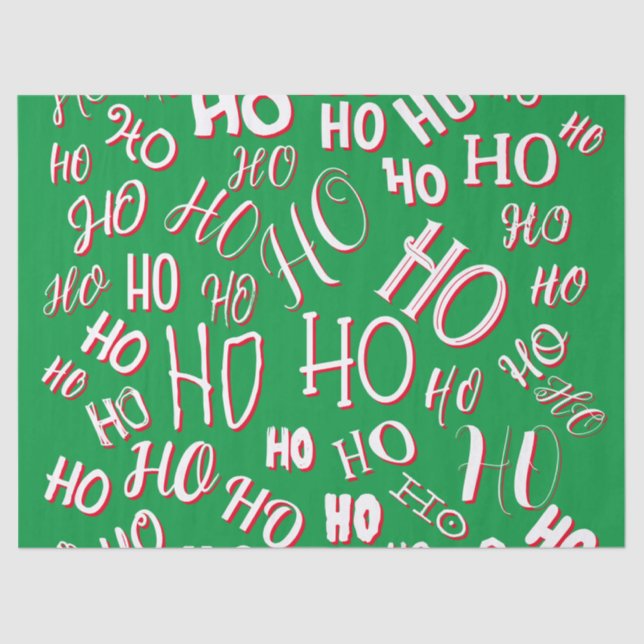 HO HO HO Christmas text pattern white green red Tissue Paper (Front)