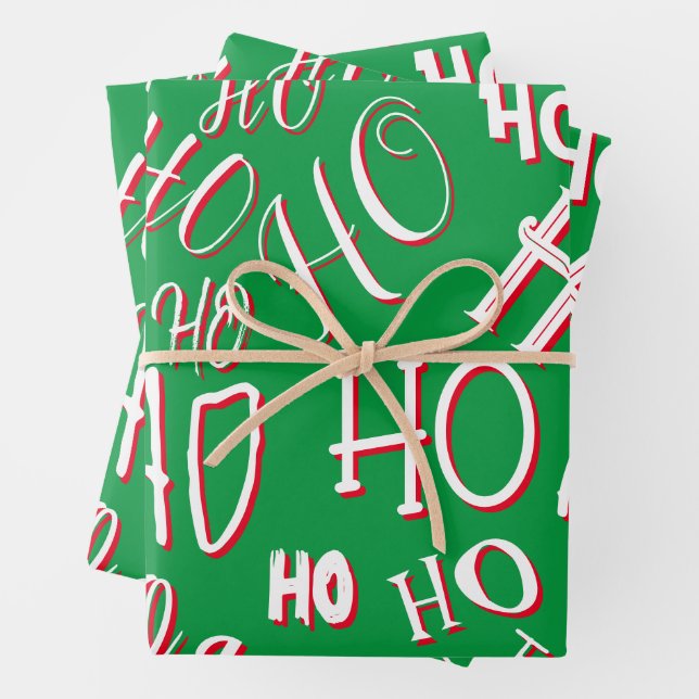 HO HO HO Christmas text pattern white green red Wrapping Paper Sheet (In situ)