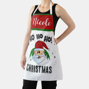 Ho Ho Ho Christmas With Your Name Funny Santa Face Apron