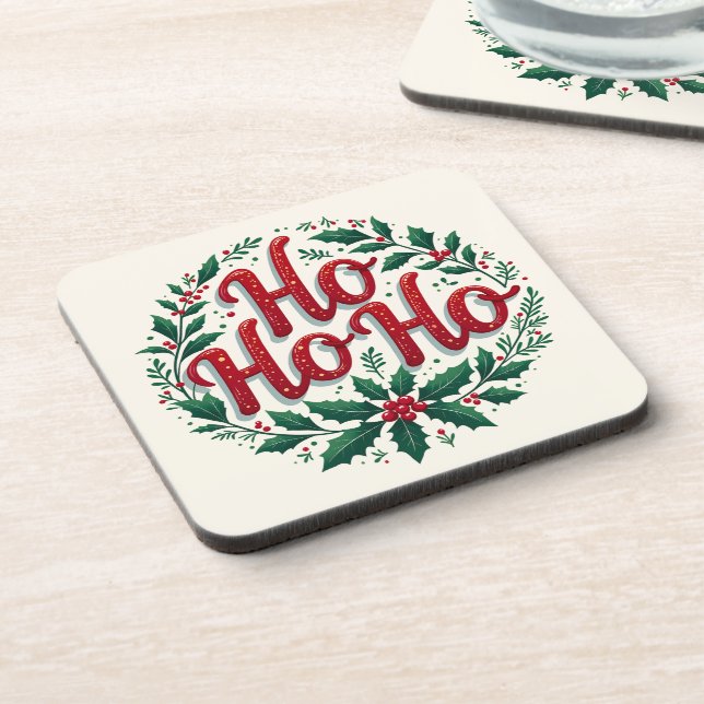 Ho Ho Ho Christmas Wreath Typography Design Coaster (Left Side)