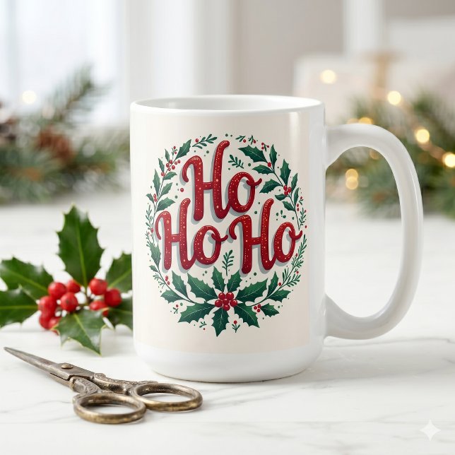 Ho Ho Ho Christmas Wreath Typography Design Coffee Mug (Ho Ho Ho Christmas Wreath Typography Design Coffee Mug)