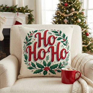 Ho Ho Ho Christmas Wreath Typography Design Cushion