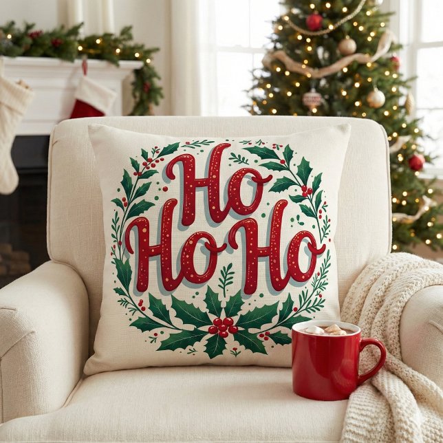 Ho Ho Ho Christmas Wreath Typography Design Cushion (Ho Ho Ho Christmas Wreath Typography Design Throw Pillow Mockup A)