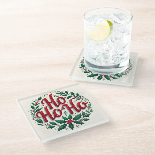 Ho Ho Ho Christmas Wreath Typography Design Glass Coaster
