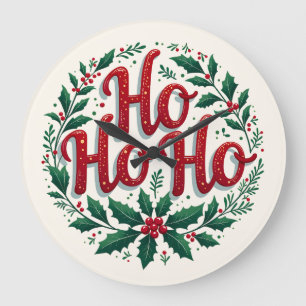 Ho Ho Ho Christmas Wreath Typography Design Large Clock