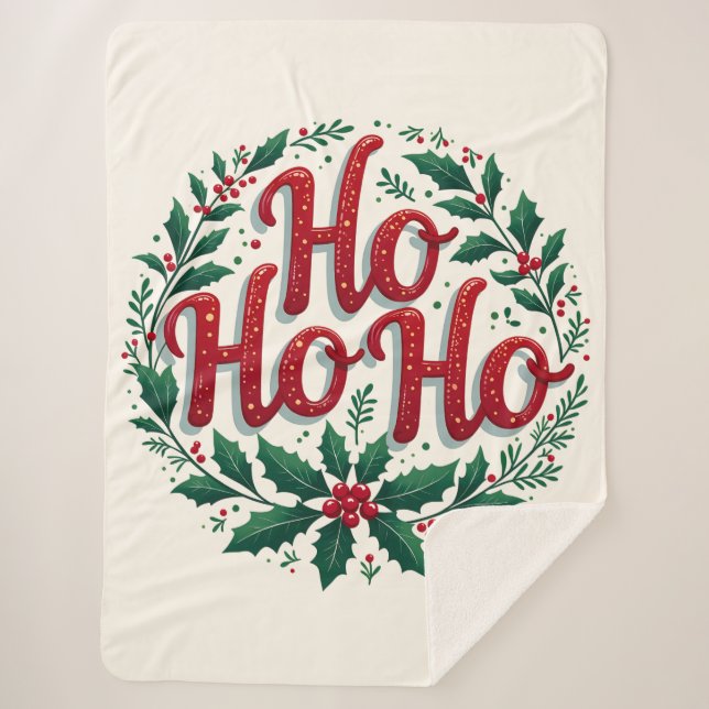 Ho Ho Ho Christmas Wreath Typography Design Sherpa Blanket (Front)