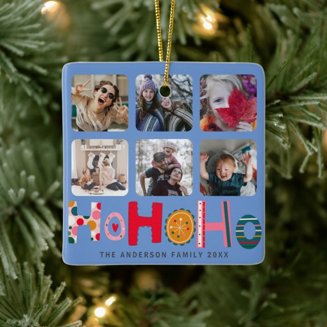 Ho Ho Ho Colourful 6 Photo Christmas Ceramic Ornament (Tree)
