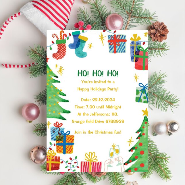 Ho Ho Ho Colourful Watercolor Frame Holiday Party  Invitation (Creator Uploaded)