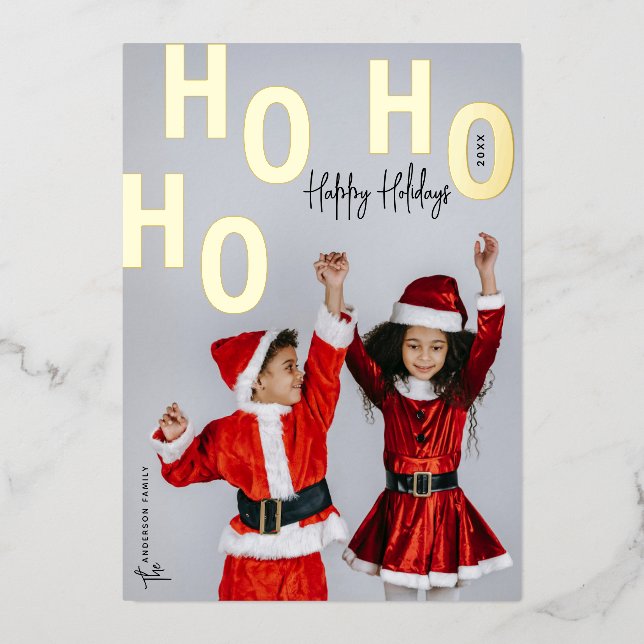 Ho Ho Ho Custom Photo Happy Holidays Christmas Foil Holiday Card (Front)