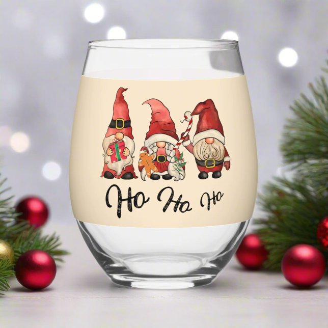 Ho Ho Ho! Cute Gnomes Nordic Christmas Holiday Stemless Wine Glass (Creator Uploaded)