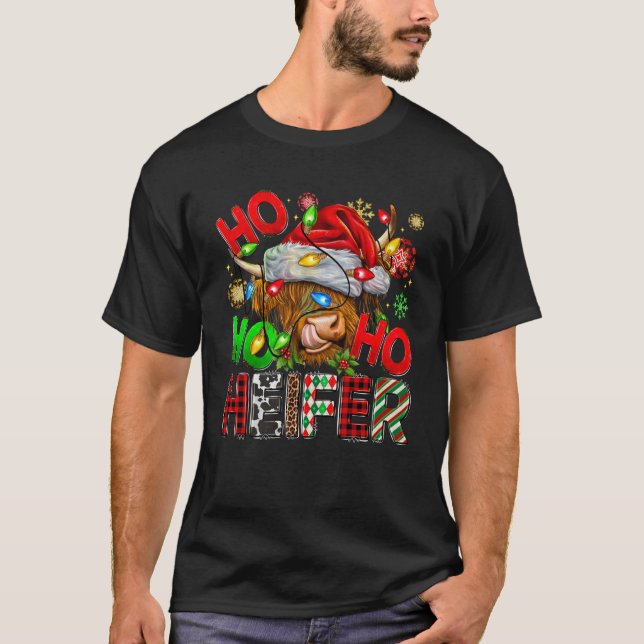 Ho Ho Ho Cute Highland Cow Christmas Santa Hat Buf T-Shirt (Front)