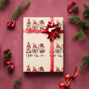 Ho Ho Ho ! Cute Nordic Gnomes Christmas Red & Pink Wrapping Paper