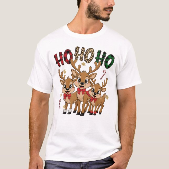Ho Ho Ho Cute Reindeer Trio Christmas Tee (Front)
