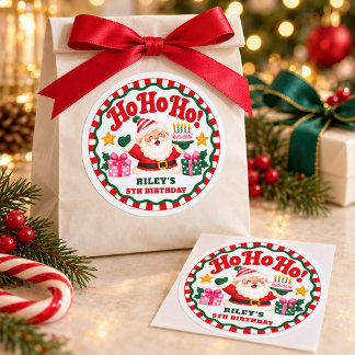 Ho Ho Ho Cute Santa Christmas Birthday Stripes Classic Round Sticker