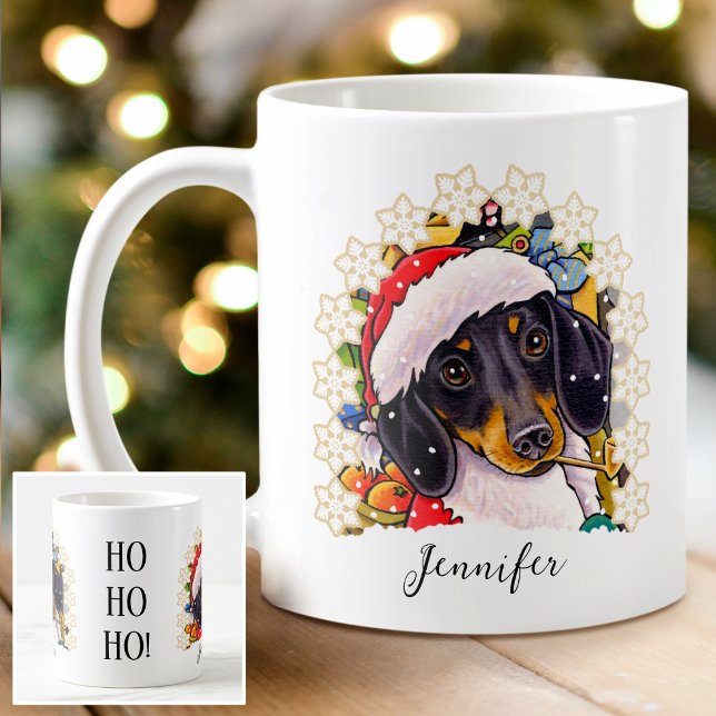 Ho ho ho! Dachshund Santa Dog Custom Name Coffee Mug (Creator Uploaded)
