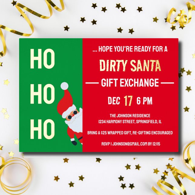 HO HO HO Dirty Santa Gift Exchange Christmas Party (HO HO HO Dirty Santa Gift Exchange Christmas Party Foil Invitation)